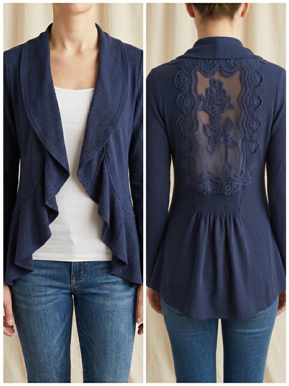 One World Lace Back Ruffle Cardigan Sweater Navy Blue Shrug Open Front Jacket L⁠